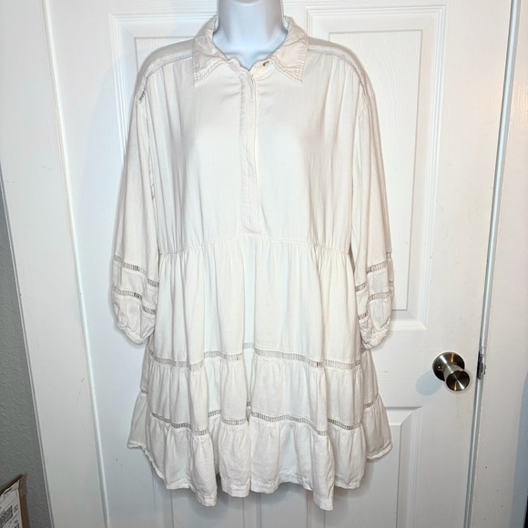 Anthropologie Maeve Bettina Collared Linen Tiered Mini Shirt Dress Ivory White M - Picture 6 of 13